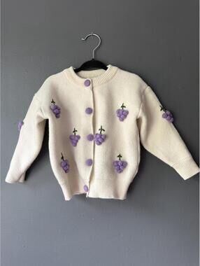 Cozy Cream Cardigan with Purple Grape Embellishments